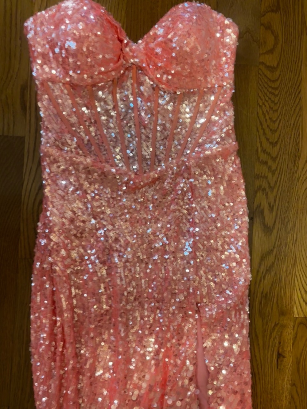Jovani Coral/Pink Strapless Sequined Prom Gown - Picture 4 of 9